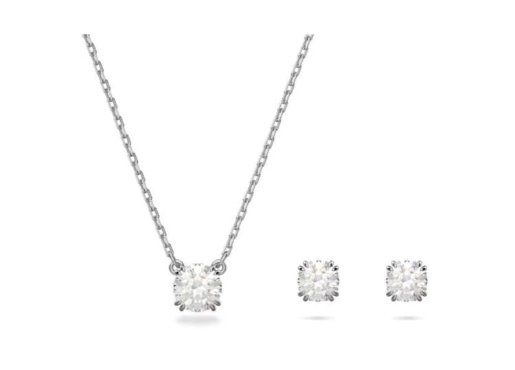 Swarovski Stilla set, Necklace and Earrings, Round cut, White, Rhodium plated