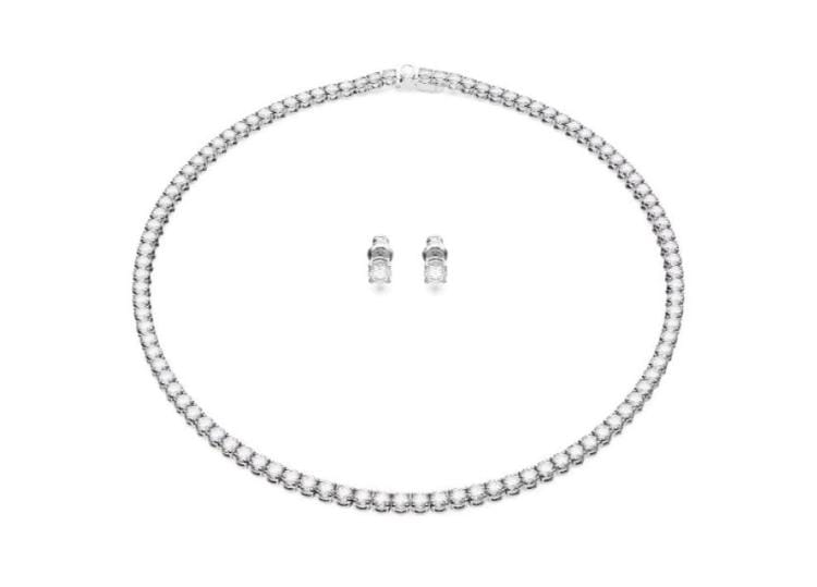 Swarovski Matrix Tennis set, Necklace and Earrings, Round cut, White, Rhodium plated